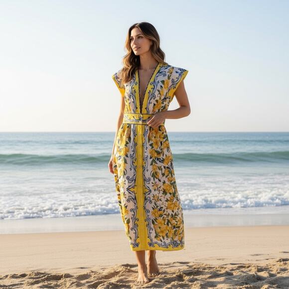 Farm Rio Sicily Scarf Cotton Flutter Floral Maxi Dress Size Medium - Picture 2 of 11